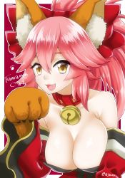 Rule 34 | 1girl, ajiko (ajicox), animal ears, animal hands, bell, breasts, cleavage, collar, fate/grand order, fate (series), fox ears, highres, large breasts, long hair, neck bell, open mouth, pink hair, solo, tamamo (fate), tamamo cat (fate), tamamo cat (first ascension) (fate), tamamo no mae (fate/extra)