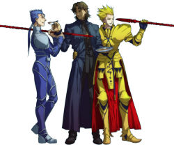 Rule 34 | 3boys, armor, blonde hair, blue hair, brown eyes, brown hair, cassock, cross, cross necklace, cu chulainn (fate), cu chulainn (fate/stay night), earrings, fate/stay night, fate (series), food, gae bolg (fate), gilgamesh (fate), hair up, jewelry, kotomine kirei, long hair, male focus, mapo tofu, multiple boys, necklace, polearm, ponytail, red eyes, shaliva, simple background, spear, tileable, weapon, white background