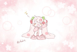 Rule 34 | 1girl, ahoge, cherry, cherry blossoms, cherry hair ornament, chibi, closed eyes, food, food-themed hair ornament, fruit, hair ornament, hatsune miku, highres, leaf, long hair, necktie, open mouth, pantyhose, pink hair, pink necktie, pink pantyhose, pink skirt, pink theme, pleated skirt, sa-fu (sfmk39), sakura miku, sitting, skirt, spring (season), squeans, twintails, very long hair, vocaloid, yawning