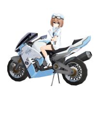 Rule 34 | 1girl, bare legs, blanc (neptunia), blue eyes, blush, boots, brown hair, character name, dress, expressionless, from side, frown, full body, goggles, goggles on head, hair between eyes, hand up, hat, highres, looking at viewer, looking back, medium hair, motor vehicle, motorcycle, neptune (series), official art, on motorcycle, promotional art, short sleeves, solo, straddling, white dress