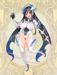 Rule 34 | 1girl, black hair, bodysuit, breasts, cameltoe, covered erect nipples, dairoku ryouhei, full body, gloves, headgear, high heels, holding, holding weapon, holding whip, large breasts, long hair, looking at viewer, official art, open mouth, red eyes, ryoji (nomura ryouji), skin tight, smile, solo, teeth, upper teeth only, very long hair, weapon, whip