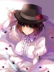 Rule 34 | 1girl, black hat, blush, braid, breasts, brown hair, charlotte corday (fate), charlotte corday (third ascension) (fate), closed mouth, commentary request, dress, fate/grand order, fate (series), flower, green eyes, hair between eyes, hair ornament, hair ribbon, hat, hat flower, highres, holding, holding clothes, holding hat, holding knife, holding weapon, juliet sleeves, knife, large breasts, long dress, long sleeves, puffy sleeves, red flower, red rose, ribbon, rose, short hair, smile, solo, wasa (pixiv29582664), weapon, white dress, white ribbon