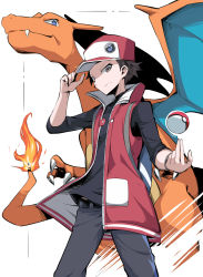 Rule 34 | 1boy, badge, baseball cap, belt, black pants, black shirt, charizard, closed mouth, coat, commentary, creatures (company), fire, flame-tipped tail, game freak, gen 1 pokemon, hand on headwear, hand up, hat, highres, looking down, nintendo, open clothes, open coat, pants, poke ball, poke ball (basic), pokemon, pokemon (creature), pokemon masters ex, red (pokemon), red (sygna suit) (pokemon), red coat, shimure (460), shirt, sleeves past elbows