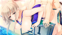 Rule 34 | 1boy, 1girl, all fours, bare legs, barefoot, blush, breasts, breasts out, brown eyes, brown hair, clothed sex, clothing aside, collarbone, competition swimsuit, doggystyle, feet, game cg, green male swimwear, green swim trunks, hetero, iizuki tasuku, large breasts, legs folded, long hair, male swimwear, male swimwear pull, naruse nono, niizuma lovely x cation, nipples, non-web source, one-piece swimsuit, one-piece swimsuit aside, open mouth, ponytail, pool, sex, sex from behind, swim trunks, swim trunks pull, swimsuit, swimsuit aside, toes, water, wet