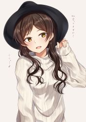 Rule 34 | 1girl, :d, bad id, bad pixiv id, black hat, brown hair, earrings, grey background, hat, head tilt, highres, idolmaster, idolmaster million live!, jewelry, kitazawa shiho, kurousagi yuu, long hair, long sleeves, musical note, open mouth, parted bangs, ribbed sweater, simple background, smile, solo, sweater, upper body, white sweater, yellow eyes