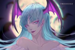 Rule 34 | 1girl, artist name, bare shoulders, bat (animal), blue eyes, blue hair, blurry, blurry background, capcom, collarbone, commentary, demon girl, english commentary, eyebrows hidden by hair, eyeshadow, hair behind ear, head wings, highres, looking at viewer, makeup, making-of available, moon, morrigan aensland, parted lips, purple eyeshadow, smile, solo, the cecile, upper body, vampire (game), wings