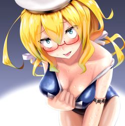 Rule 34 | 10s, 1girl, ahegao, aqua eyes, arm strap, artist request, bare shoulders, blonde hair, blue eyes, blush, breasts, cleavage, clothes pull, collarbone, downblouse, female focus, glasses, hat, i-8 (kancolle), kantai collection, large breasts, leaning forward, long hair, looking at viewer, off shoulder, one-piece swimsuit pull, open mouth, red-framed eyewear, semi-rimless eyewear, simple background, solo, swimsuit, tongue, tongue out, tooi aoiro, two-tone background, under-rim eyewear, wet