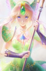 Rule 34 | 2girls, bare legs, barefoot, blonde hair, breasts, elbow gloves, elf, closed eyes, faerie (seiken densetsu 3), fingerless gloves, floating, gloves, green skirt, hairband, highres, holding, holding staff, jewelry, long hair, looking at viewer, multiple girls, nababa, pointy ears, praying, purple eyes, riesz, seiken densetsu, seiken densetsu 3, skirt, smile, staff