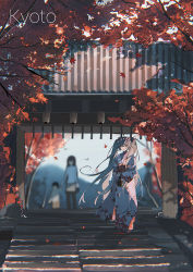Rule 34 | :|, autumn, autumn leaves, bag, blue eyes, blue hair, blurry, closed mouth, depth of field, film grain, full body, geta, hatsune miku, highres, japanese clothes, kimono, kyoto, light smile, lococo:p, long hair, long sleeves, outdoors, shrine, solo focus, stairs, standing, tabi, tree, twintails, very long hair, vocaloid, white legwear, wind