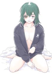 Rule 34 | 1girl, barefoot, blue eyes, blue jacket, blush, bottomless, breasts, cleavage, clothes writing, commentary request, eyepatch, green hair, hair between eyes, highres, jacket, kantai collection, kiso (kancolle), looking at viewer, medium breasts, naked jacket, official alternate costume, parted lips, partially unzipped, simple background, sitting, solo, sweat, track jacket, vent arbre, white background