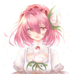 Rule 34 | absurdres, dress, flower, hair flower, hair ornament, highres, misella, namco, petals, red hair, smile, solo, souta kutinashi, tales of (series), tales of crestoria, white dress