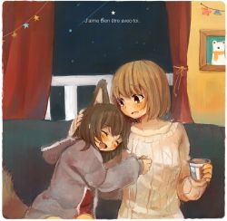 Rule 34 | 2girls, :d, animal ears, blush, brown eyes, brown hair, closed eyes, collarbone, cup, curtains, dog ears, dog girl, dog tail, fang, fingernails, foomi, french text, grey hoodie, hair between eyes, holding, holding cup, hood, hood down, hoodie, indoors, long sleeves, looking at another, multiple girls, open clothes, open hoodie, open mouth, original, picture frame, railing, red shirt, shirt, sitting, sleeves past wrists, smile, star (symbol), sweater, tail, translated, white sweater, yuri