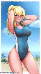 Rule 34 | 1girl, 3d background, absurdres, adjusting hair, alternate costume, armpits, arms behind head, beach, blonde hair, blue eyes, blue one-piece swimsuit, blue sky, blurry, blush, bow, breasts, cleavage, competition swimsuit, depth of field, detached sleeves, genshin impact, hair between eyes, hair bow, hair ribbon, highleg, highres, horizon, jean (genshin impact), kamilisme, long hair, long sleeves, looking at viewer, ocean, one-piece swimsuit, ponytail, ribbon, sidelocks, sky, solo, swimsuit