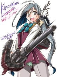 Rule 34 | 10s, ahoge, blue hair, bow, bowtie, dress, grey eyes, grey hair, gun, holding, holding gun, holding weapon, kantai collection, kiyoshimo (kancolle), long hair, long sleeves, low twintails, multicolored hair, panties, panties under pantyhose, pantyhose, pantyshot, polka dot, polka dot panties, rigging, shirt, sleeveless, sleeveless dress, solo, standing, tatsumi ray, twintails, two-tone hair, underwear, very long hair, weapon, white shirt