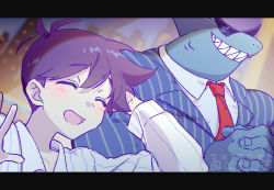 Rule 34 | 1boy, ^ ^, adjusting hair, arm behind head, arm up, blush, closed eyes, collarbone, collared shirt, facing away, formal, hero (headspace) (omori), hero (omori), highres, letterboxed, long sleeves, mr. jawsum, necktie, omori, open mouth, own hands clasped, own hands together, purple hair, red necktie, scene reference, shark boy, shirt, short hair, smile, suit, sunglasses, tendoshi, twitter username, white shirt