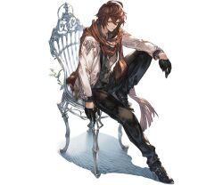 Rule 34 | 1boy, ahoge, annoyed, arm on knee, bishounen, black gloves, black shirt, boots, brown hair, brown scarf, buttons, chair, downscaled, dress shirt, floating scarf, full body, gloves, granblue fantasy, hair between eyes, high heel boots, high heels, jacket, knee up, light frown, looking to the side, minaba hideo, official alternate costume, official art, on chair, open clothes, open jacket, plant, red eyes, resized, sandalphon (granblue fantasy), scarf, shadow, shirt, tachi-e, transparent background, vines, white jacket