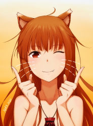 Rule 34 | 1girl, 2020, akira (sz6501991sz), animal ears, brown hair, collarbone, fang, gradient background, highres, holo, index fingers raised, long hair, nude, one eye closed, pouch, red eyes, signature, smile, solo, spice and wolf, wolf ears, wolf girl