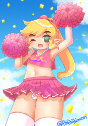 Rule 34 | 1boy, :d, absurdres, arm up, armpits, artist name, bare shoulders, blonde hair, blue sky, blush, bow, bulge, cheering, cheerleader, cheerleader link, cloud, confetti, crop top, crossdressing, day, eyebrows, green eyes, hair bow, highres, kneehighs, legs together, link, looking at viewer, male focus, midriff, navel, nintendo, official alternate costume, one eye closed, open mouth, outdoors, panties, papapaimon, pink bow, pink skirt, pleated skirt, pointy ears, pom pom (cheerleading), ponytail, shiny skin, short hair, side-tie panties, sidelocks, skirt, sky, sleeveless, smile, socks, solo, standing, stomach, striped clothes, striped panties, the legend of zelda, the legend of zelda: tri force heroes, tongue, toon link, trap, underwear, v-neck, white socks, wink