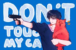 Rule 34 | 1boy, 1other, angry, animal, black eyes, black hair, blue background, carrying, cat, closed mouth, english text, gun, heduel, highres, holding, holding animal, holding gun, holding weapon, male focus, meme, open mouth, red fur, rukawa kaede, sakuragi hanamichi, short hair, simple background, slam dunk (series), upper body, weapon