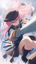 1girl absurdres black_hat black_shoes black_socks blurry brown_skirt closed_mouth depth_of_field dutch_angle eyepatch eyepatch_pull green_eyes hat highres holding holding_sword holding_weapon lens_flare long_hair long_sleeves looking_at_viewer ocean original pink_hair re_naya reaching reaching_towards_viewer shoes skirt smile socks solo sword weapon