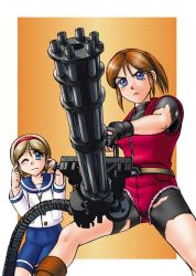 Rule 34 | 2girls, age difference, blonde hair, brown hair, child, claire redfield, comic, cover, gatling gun, gun, hairband, minigun, multiple girls, ponytail, resident evil, resident evil 2, sherry birkin, source request, torn clothes, weapon