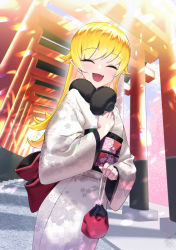 Rule 34 | 1girl, ^ ^, absurdres, bakemonogatari, blonde hair, blush, cherry blossoms, closed eyes, coin purse, cowboy shot, dutch angle, from below, fur collar, hand on own chest, highres, japanese clothes, kimono, light rays, looking at viewer, monogatari (series), new year, obi, open mouth, oshino shinobu, pointy ears, sash, shade, smile, solo, sunlight, torii, tsurime, wide sleeves, ybee