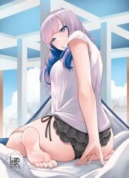 Rule 34 | 1girl, ass, barefoot, blue eyes, blue hair, blush, braid, breasts, closed mouth, colored inner hair, feet, from behind, grey hair, hair ornament, highres, hololive, hololive indonesia, landacdeus, large breasts, long hair, looking at viewer, multicolored hair, pavolia reine, shirt, smile, soles, solo, toes, virtual youtuber, white shirt