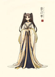 Rule 34 | adapted costume, artist name, beige background, black bow, black hair, bow, chinese clothes, closed mouth, concept art, copyright name, earrings, fate/grand order, fate (series), full body, hanfu, highres, ishtar (fate), jewelry, logo, long sleeves, looking at viewer, necklace, own hands together, parted bangs, red eyes, robe, sash, see-through, shawl, simple background, smile, solo, standing, two side up, wide sleeves, zerocastle