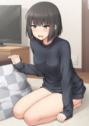 Rule 34 | 1girl, bad id, bad pixiv id, black hair, black sweater, blue eyes, blush, indoors, kotatsu, looking down, nakamura sumikage, open mouth, original, paid reward available, seiza, short hair, sitting, sleeves past wrists, solo, sweater, table, television