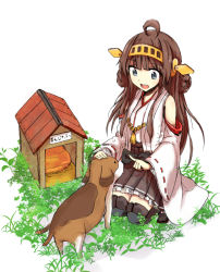 Rule 34 | 10s, 1girl, :d, bare shoulders, brown hair, detached sleeves, dog, doghouse, double bun, gotaishu, hair ornament, hairband, headgear, japanese clothes, kantai collection, kongou (kancolle), long hair, looking at viewer, miko, nontraditional miko, open mouth, personification, pleated skirt, raikou (gotaishu), ribbon-trimmed sleeves, ribbon trim, sitting, skirt, smile, solo