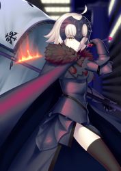Rule 34 | 1girl, ahoge, armor, armored dress, banner, black dress, black thighhighs, blonde hair, blurry, blurry background, cape, daiz1213, dress, fate/grand order, fate (series), faulds, fire, fur cape, gauntlets, headpiece, highres, holding, holding sword, holding weapon, jeanne d&#039;arc (fate), jeanne d&#039;arc alter (avenger) (fate), jeanne d&#039;arc alter (fate), looking at viewer, short hair, solo, standing, sword, thighhighs, v-shaped eyebrows, weapon, yellow eyes