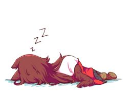 Rule 34 | 1girl, animal ears, boots, brown footwear, brown hair, dress, facing away, from behind, imaizumi kagerou, long hair, lying, on side, red skirt, simple background, skirt, sleeping, solo, tail, touhou, white background, white dress, wolf ears, wolf tail, wool (miwol), zzz