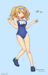 Rule 34 | 10s, 1girl, blue background, breasts, brown eyes, character name, hairband, i-26 (kancolle), kantai collection, large breasts, light brown hair, long hair, nakaaki masashi, new school swimsuit, no socks, one-piece swimsuit, school swimsuit, shoes, signature, smile, sneakers, solo, swimsuit, thigh gap, twitter username, two-tone hairband, two side up, w arms