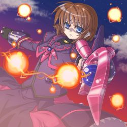 Rule 34 | 1girl, blue eyes, brown hair, cloud, dress, energy ball, fingerless gloves, gauntlets, gloves, inabatei (amana), luciferion, lyrical nanoha, mahou shoujo lyrical nanoha, mahou shoujo lyrical nanoha a&#039;s, mahou shoujo lyrical nanoha a&#039;s portable: the battle of aces, stern the destructor, short hair, solo, staff