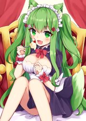 Rule 34 | 1girl, :d, animal ear fluff, animal ears, black dress, blush, bow, breasts, cake, cleavage, commentary request, dress, feet out of frame, food, fork, green eyes, green hair, hair between eyes, hair ornament, holding, holding fork, knees together feet apart, knees up, long hair, maid, maid headdress, maki soutoki, medium breasts, open mouth, original, puffy short sleeves, puffy sleeves, red bow, short sleeves, smile, solo, tail, two side up, very long hair, wrist cuffs