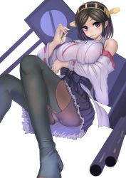 Rule 34 | 10s, 1girl, black hair, boots, breast lift, breasts, detached sleeves, unworn eyewear, glasses, hairband, highres, holding, holding removed eyewear, japanese clothes, kantai collection, kirishima (kancolle), koruse, large breasts, looking at viewer, machinery, nontraditional miko, panties, panties under pantyhose, pantyhose, personification, purple eyes, short hair, smile, solo, thigh boots, thighhighs, turret, underwear, wide sleeves