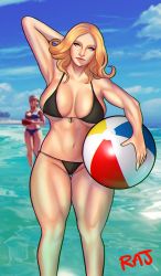Rule 34 | 2girls, absurdres, anna (street fighter), arm behind head, armpits, ball, beachball, black one-piece swimsuit, blonde hair, blue eyes, blue one-piece swimsuit, breasts, cleavage, cloud, eyebrows, fur hat, hat, highres, kolin, large breasts, lips, looking at viewer, medium hair, multiple girls, muscular, muscular female, navel, ocean, one-piece swimsuit, parted lips, rajangnsfw, sky, standing, street fighter, street fighter v, swimsuit, thick thighs, thighs, ushanka