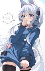 Rule 34 | 1girl, animal ears, black pantyhose, black ribbon, blue archive, blue eyes, blue hoodie, blush, cellphone, halo, headset, highres, holding, holding clothes, hood, hoodie, long hair, long sleeves, looking at viewer, microphone, miyako (blue archive), one side up, open mouth, pantyhose, phone, rabbit ears, rabbit tail, ribbon, shijima (shijima tc), simple background, smartphone, smartphone case, solo, speech bubble, standing, tail, very long hair, white background, white hair