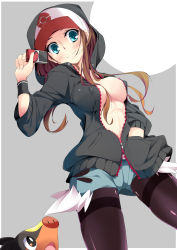 Rule 34 | 10s, 1girl, black pantyhose, blue eyes, blush, breasts, brown hair, casual, creatures (company), curvy, game freak, gen 5 pokemon, hand in pocket, hat, highres, hilda (pokemon), hood, hoodie, jacket, large breasts, long hair, midriff, nasudora, navel, nintendo, no bra, open clothes, open fly, open shirt, pantyhose, pantyhose under shorts, pokedex, pokemon, pokemon (creature), pokemon bw, shirt, short hair, shorts, simple background, sleeves pushed up, smile, tepig, thighs, unzipped