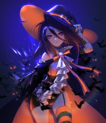 Rule 34 | 1girl, ascot, bad id, bad pixiv id, bare shoulders, bat (animal), black leotard, blush, breasts, bridal gauntlets, brown hair, cape, choker, cowboy shot, detached sleeves, floating hair, garter straps, gloves, hair between eyes, halloween, hand on headwear, hat, highres, leotard, light particles, long hair, looking at viewer, medium breasts, neck ribbon, night, open mouth, original, outdoors, red eyes, ribbon, sidelocks, single thighhigh, skindentation, solo, thighhighs, wind, witch, witch hat, zenke