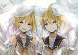 Rule 34 | 1boy, 1girl, ahoge, anniversary, backlighting, bare shoulders, black collar, blonde hair, blurry, blurry foreground, bow, brother and sister, character name, closed mouth, collar, commentary, curtains, english text, feathers, grey eyes, hair bow, hair ornament, hairclip, kagamine len, kagamine rin, looking at viewer, neckerchief, necktie, open mouth, sailor collar, school uniform, see-through, shirt, short hair, short ponytail, short sleeves, siblings, smile, spiked hair, standing, swept bangs, twins, upper body, utaori, vocaloid, white bow, white shirt, yellow neckerchief