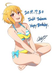 Rule 34 | 1girl, ahoge, bare arms, bare legs, bare shoulders, barefoot, bikini, blue bikini, blue bow, bow, breasts, brown hair, casino (casinoep), character name, commentary request, dated, hair between eyes, happy birthday, ibuki tsubasa, idolmaster, idolmaster million live!, idolmaster million live! theater days, looking at viewer, medium breasts, open mouth, red eyes, short hair, signature, simple background, smile, solo, swimsuit, teeth, white background