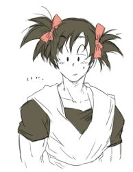 Rule 34 | 1boy, alternate hairstyle, bad id, bad pixiv id, black eyes, black hair, dragon ball, dragonball z, greyscale, hair ribbon, half-closed eyes, hano (hanos91), looking away, male focus, monochrome, nervous, pink ribbon, ribbon, short hair, simple background, solo, son goku, spiked hair, spot color, sweatdrop, twintails, upper body, white background