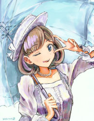 Rule 34 | 1girl, absurdres, birthday, blue eyes, collarbone, commentary, dated, dress, grey hair, hat, highres, holding, holding umbrella, jewelry, jungle zzz, long sleeves, looking at viewer, love live!, love live! superstar!!, necklace, one eye closed, short hair, smile, solo, tang keke, tongue, tongue out, umbrella, upper body, v, white background, white dress