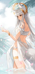 Rule 34 | 1girl, animal ear fluff, animal ears, arknights, back, bare shoulders, bikini, breasts, brown eyes, closed mouth, highres, horse ears, horse girl, horse tail, laurel crown, long hair, medium breasts, official alternate costume, platinum (arknights), platinum (shimmering dew) (arknights), silver hair, smile, swimsuit, tail, thighs, wading, water, white bikini, yayako (804907150)