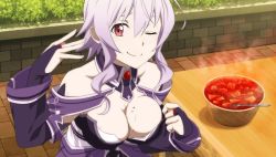 Rule 34 | 10s, 1girl, breasts, cleavage, food, game cg, large breasts, looking at viewer, mole, mole on breast, one eye closed, purple hair, red eyes, smile, solo, strea (sao), sword art online, sword art online: hollow fragment, wet