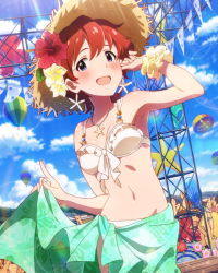 Rule 34 | 10s, 1girl, artist request, bikini, blue eyes, blush, breasts, clothes lift, earrings, faceless, faceless male, flower, hair flower, hair ornament, hat, hibiscus, idolmaster, idolmaster million live!, jewelry, julia (idolmaster), looking at viewer, midriff, navel, necklace, official art, red hair, sarong, sarong lift, scrunchie, short hair, smile, solo focus, straw hat, sun hat, swimsuit, wrist scrunchie