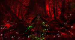 Rule 34 | 00, 1girl, blurry, dark, dress, forest, glowing, glowing eyes, highres, long hair, looking at viewer, magic, nature, original, red eyes, red theme, skull, solo, torn clothes, torn dress, tree