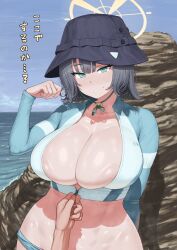Rule 34 | 1girl, abs, blue archive, blue eyes, breasts, bucket hat, closed mouth, cropped shirt, day, grey hair, halo, hat, highres, large breasts, long sleeves, looking at viewer, male hand, maruko tooto, medium hair, navel, official alternate costume, outdoors, pants, raglan sleeves, saki (blue archive), saki (swimsuit) (blue archive), shiny skin, solo, standing, stomach, sweat, translation request, twirling hair