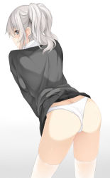 Rule 34 | 1girl, alternate costume, ass, bent over, black shirt, black skirt, blue eyes, blush, breast press, breasts, butt crack, clothes lift, gradient background, highres, inushi, kantai collection, kashima (kancolle), long hair, looking away, looking to the side, medium breasts, miniskirt, no headwear, panties, pleated skirt, profile, shiny skin, shirt, sidelocks, silver hair, skindentation, skirt, skirt lift, solo, thighhighs, thighs, twintails, underwear, white background, white panties, white thighhighs